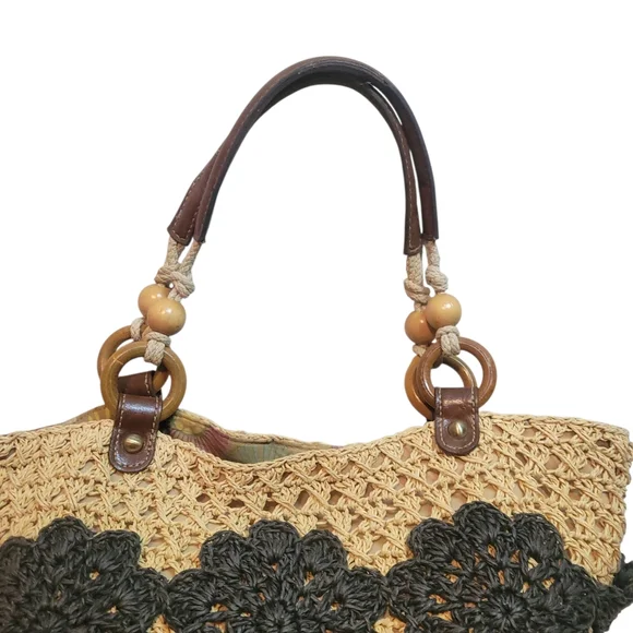 Fossil Straw Crochet Tote Bag Boho Black Floral Leather Handle Summer Purse - Picture 5 of 10